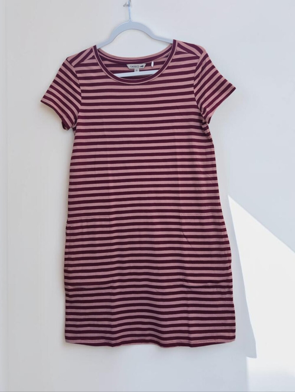 Toad & Co Windmere II Short Sleeve Dress in Tan & Chocolate Stripe Size XS